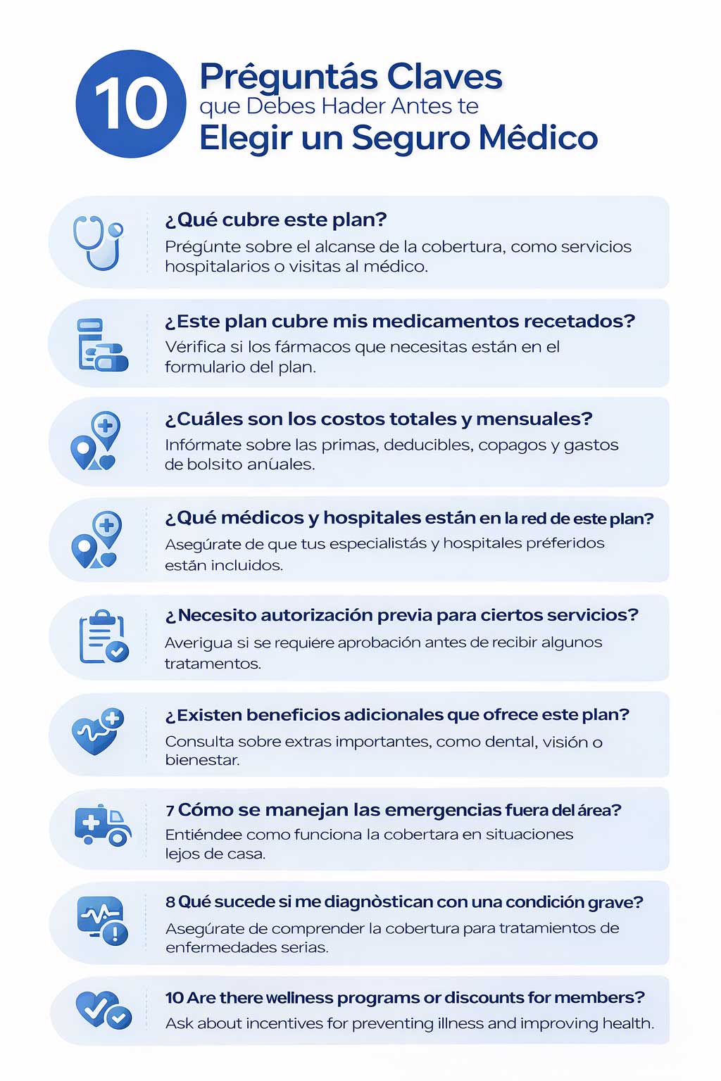 Infographic showing 10 key questions to ask before choosing a health insurance plan, including coverage, costs, provider networks, prescriptions, exclusions, and member benefits.