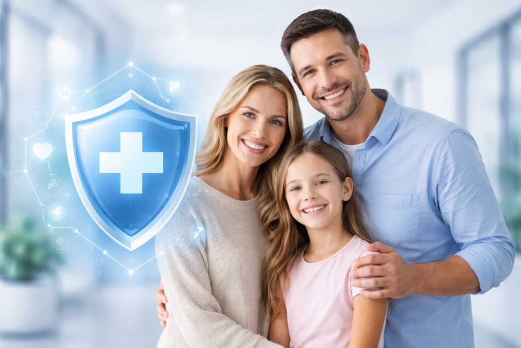 Health insurance family with protective medical shield in a bright professional healthcare setting