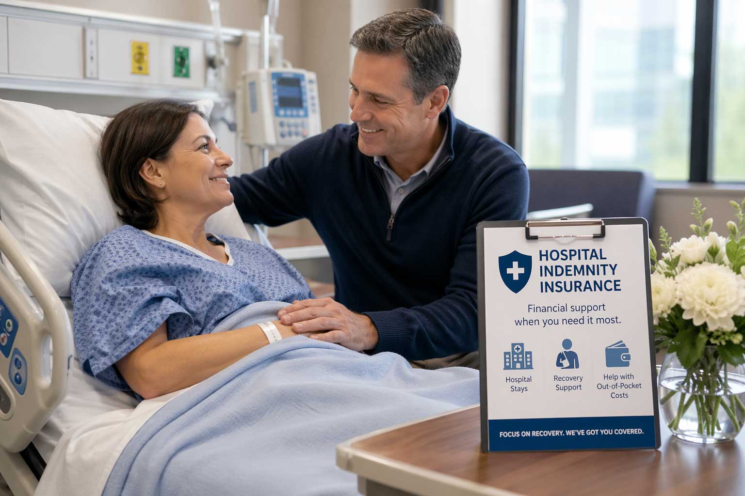 Woman recovering in a hospital bed with a supportive companion, representing hospital indemnity insurance and help with unexpected hospital expenses.