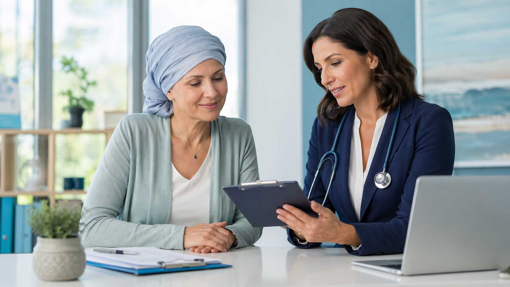 Cancer survivor reviewing health insurance or medical coverage options with a healthcare professional in a bright consultation office