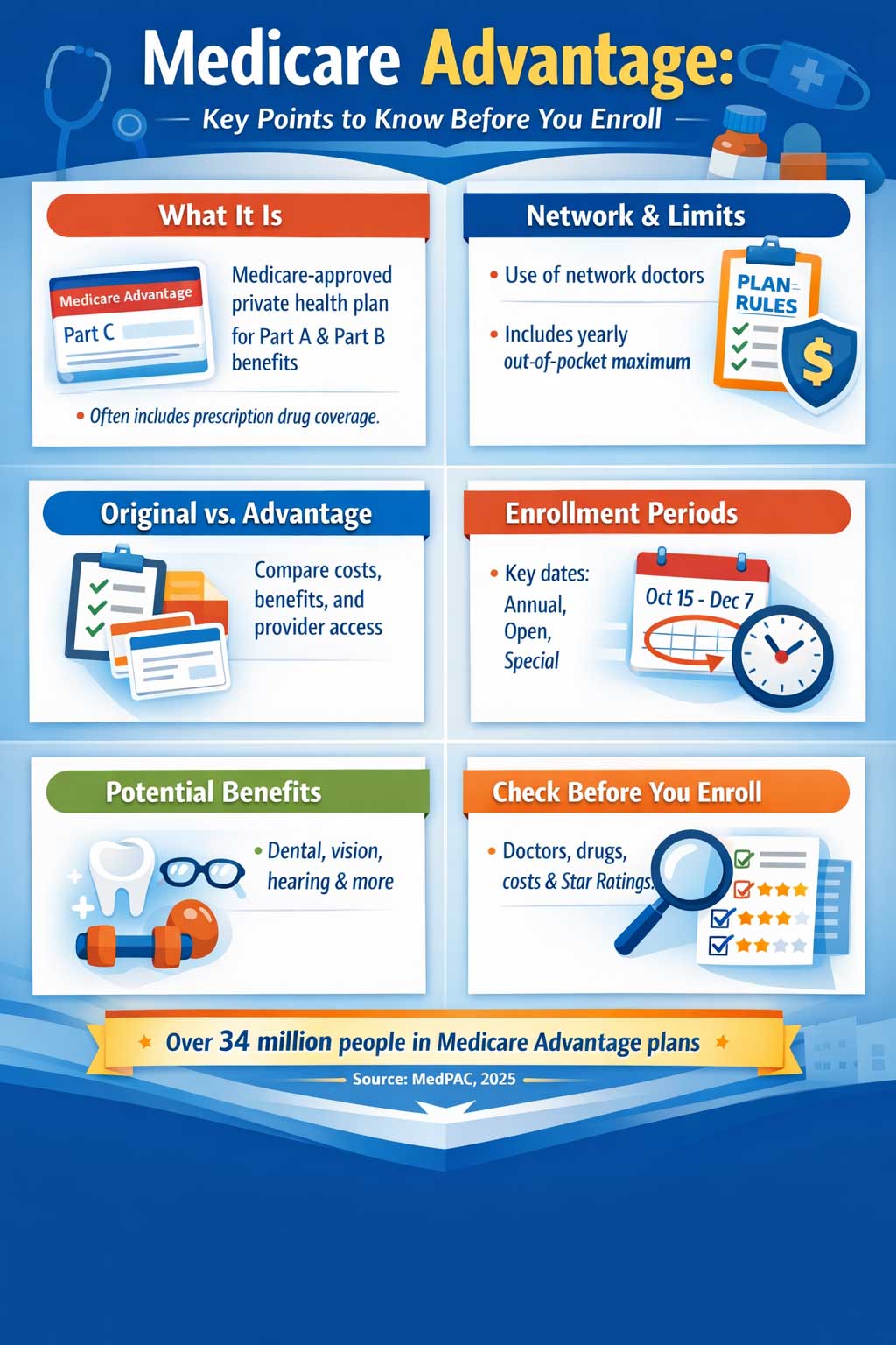 Infographic titled Medicare Advantage Key Points to Know Before You Enroll summarizing what Medicare Advantage is, network and cost limits, enrollment periods, extra benefits, and what to compare before choosing a plan.