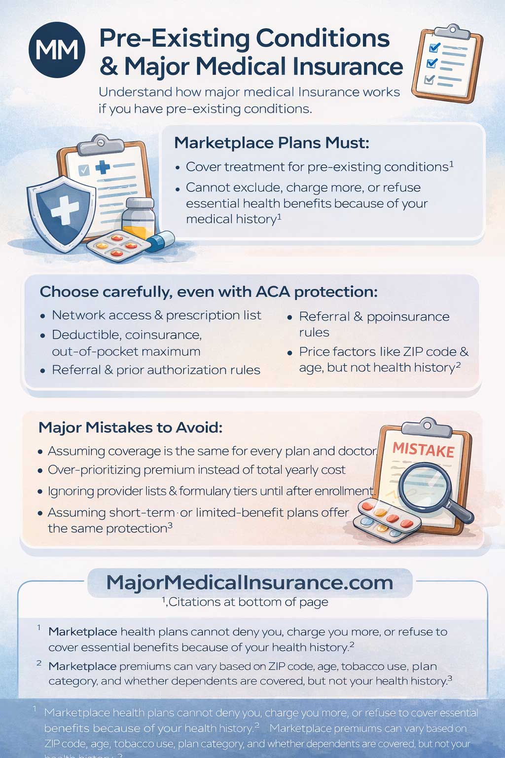 Infographic about pre-existing conditions and major medical insurance, explaining ACA protections, plan comparison factors, and common mistakes to avoid when choosing coverage.