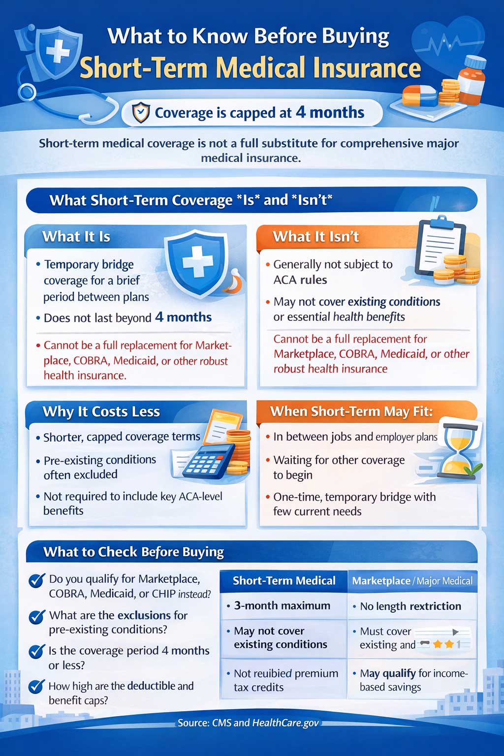 Infographic titled “What to Know Before Buying Short-Term Medical Insurance” explaining that short-term coverage is temporary, capped at 4 months, generally not subject to ACA rules, may exclude pre-existing conditions and essential health benefits, and should be compared with Marketplace, COBRA, Medicaid, or major medical coverage before purchase.