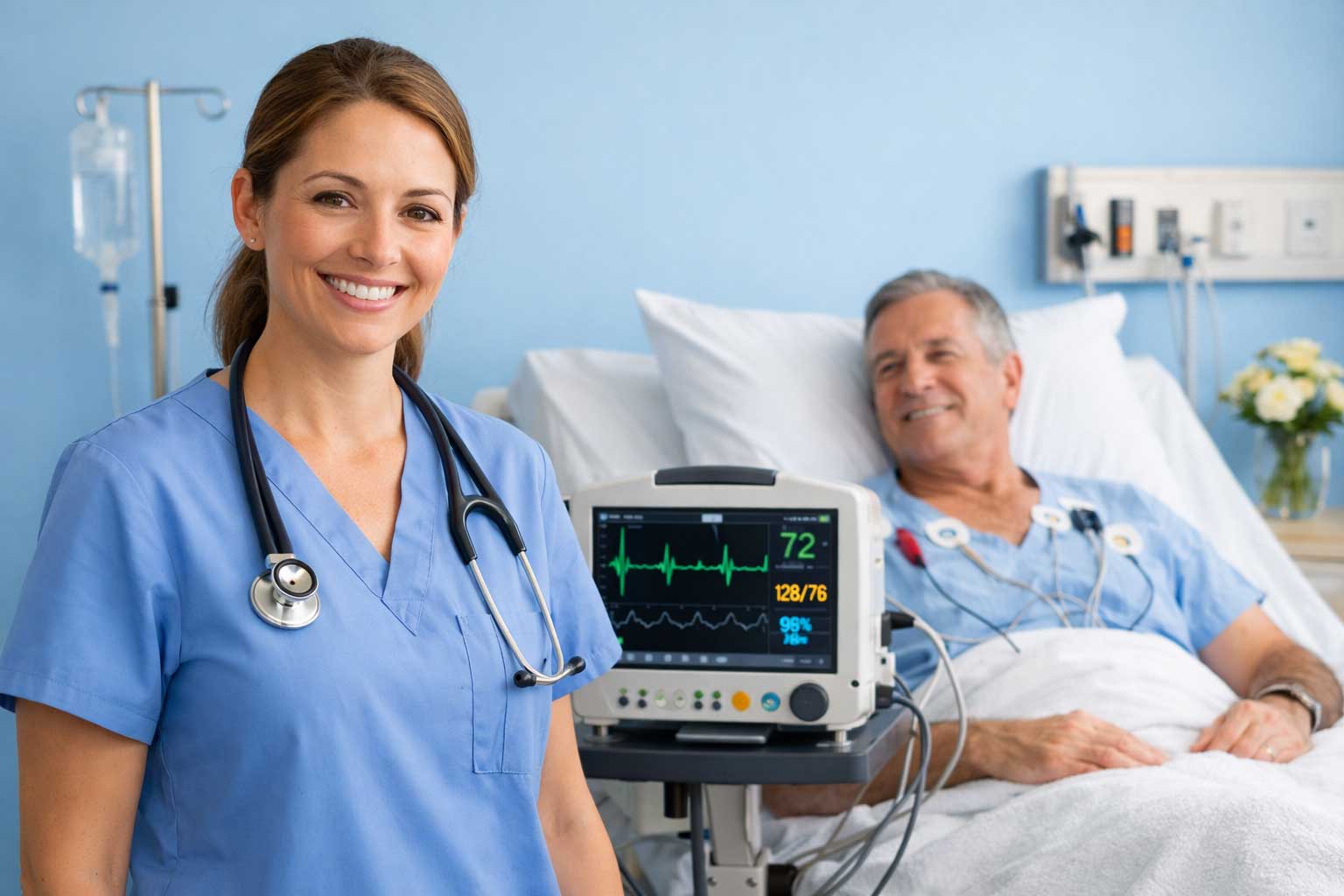 Smiling nurse standing beside a patient in bed with a medical monitor in a bright blue hospital room