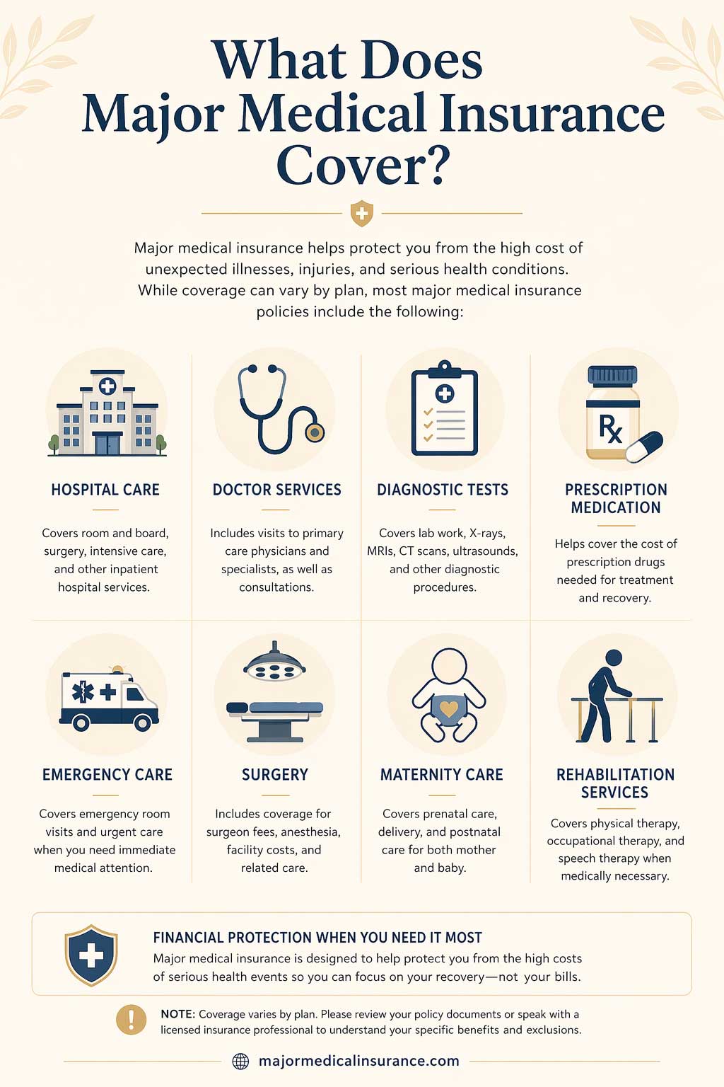 Infographic titled What Does Major Medical Insurance Cover? showing common coverage areas of major medical insurance, including hospital care, doctor services, diagnostic tests, prescription medication, emergency care, surgery, maternity care, and rehabilitation services.